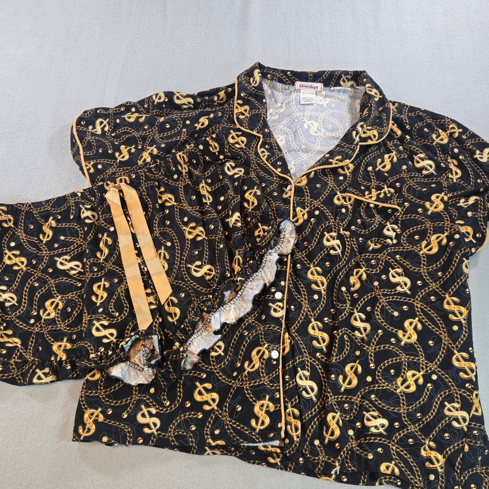 Overslept Pajama Set Women 2X Black Gold Money Dollar Sign Chain Print Ruffle
